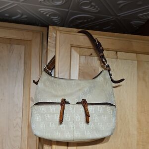 Dooney & Bourke Tan Brown Signature Monogram Shoulder Hobo Bag Y2K